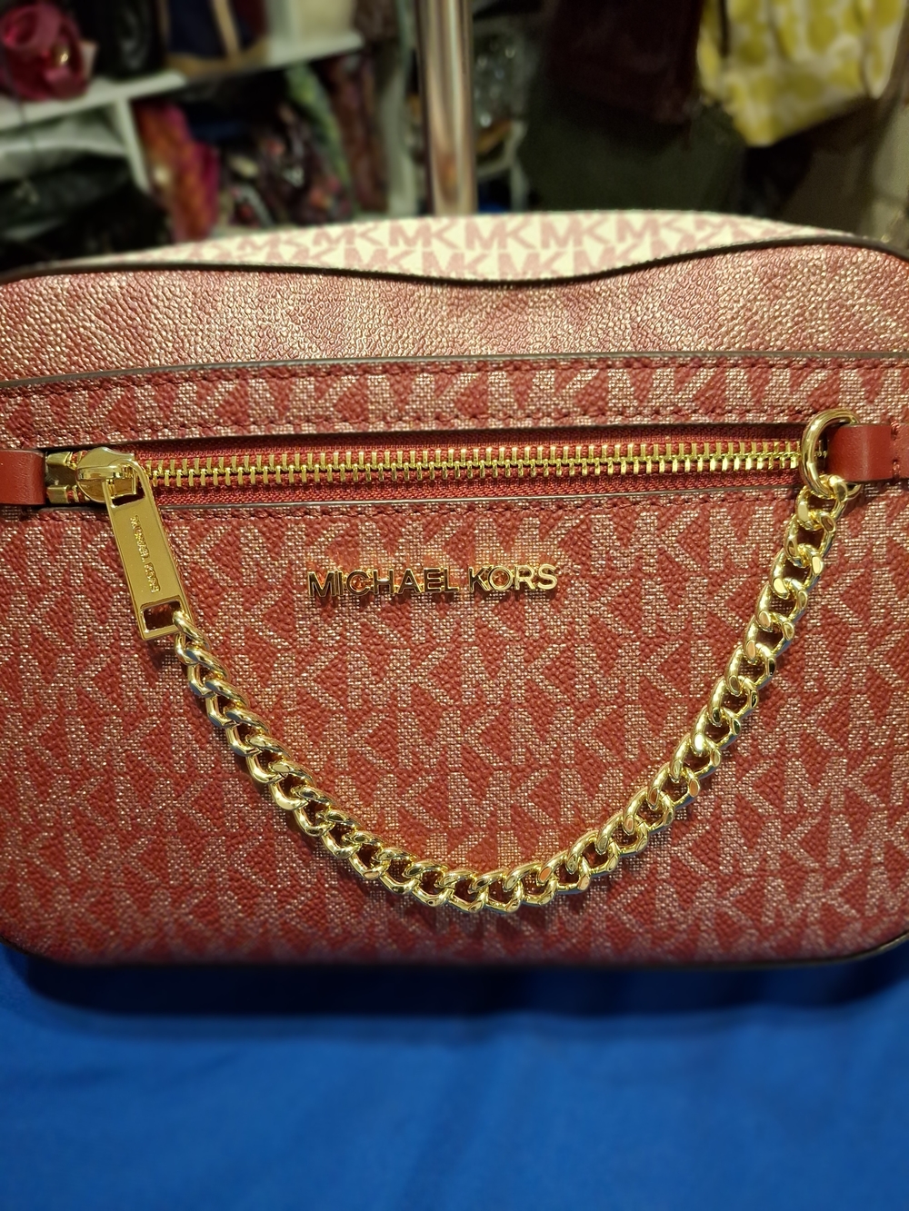 Michael Kors Cherry Logo Leather Crossbody Bag with Gold Chain NWT - Picture 3 of 9